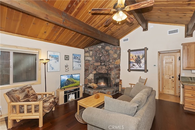 living room with hardwood / wood-style flooring, wood ceiling, a fireplace, and lofted ceiling with beams