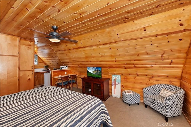 carpeted bedroom featuring vaulted ceiling, wooden walls, and wood ceiling