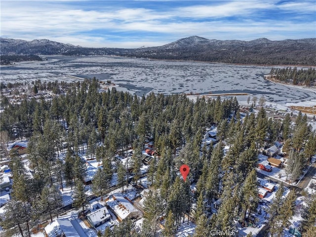 snowy aerial view featuring a mountain view