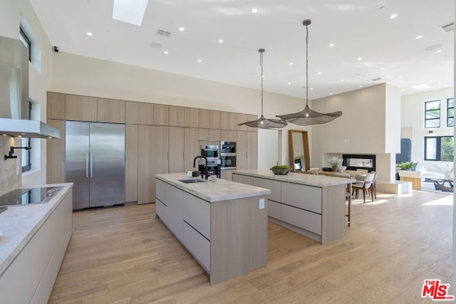 kitchen featuring a large island, sink, stainless steel appliances, a high ceiling, and decorative light fixtures