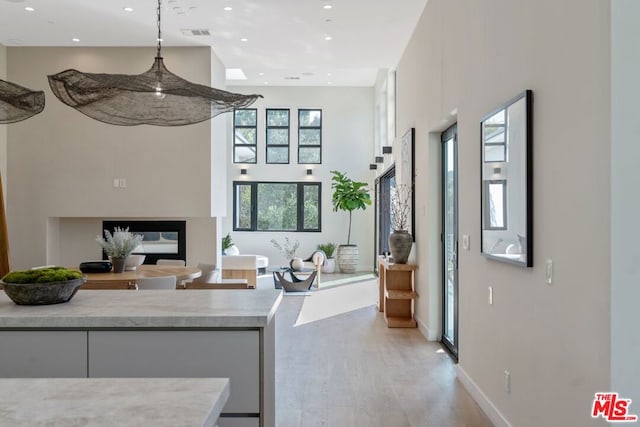 living room featuring plenty of natural light, a towering ceiling, and light hardwood / wood-style floors