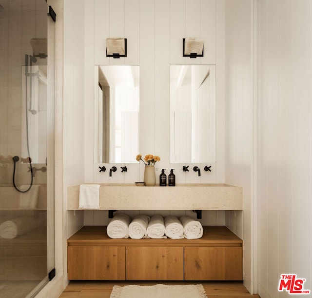 interior space featuring vanity and a shower with shower door