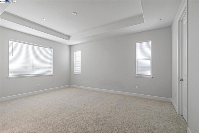 carpeted empty room featuring a tray ceiling