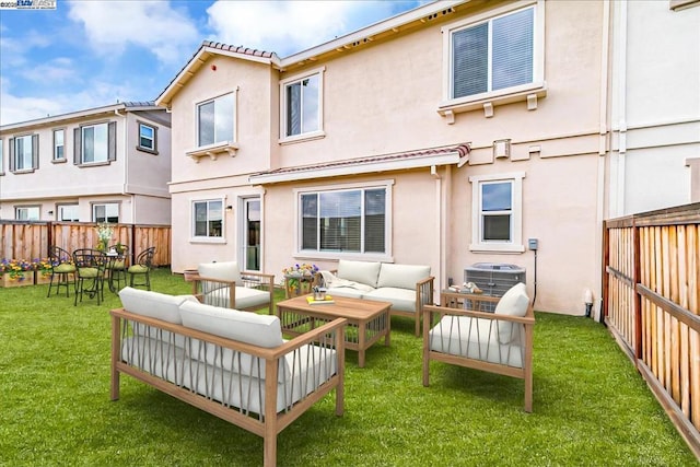 rear view of property with an outdoor hangout area, cooling unit, and a lawn