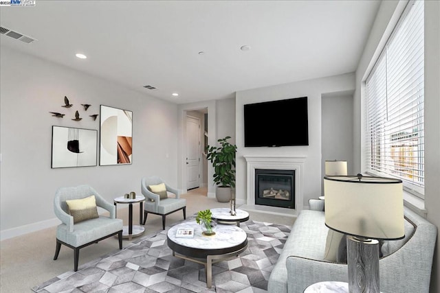 living room featuring light colored carpet