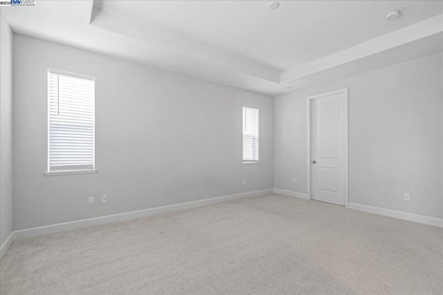 unfurnished room featuring light carpet and a tray ceiling