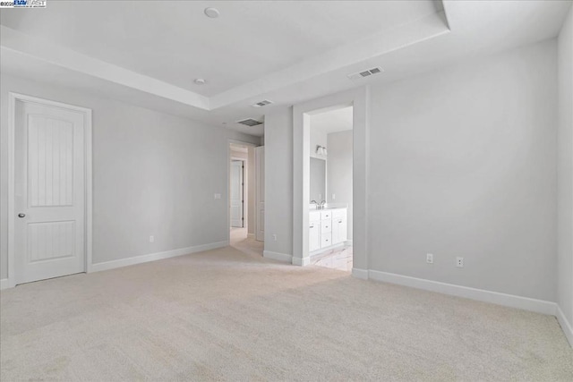 unfurnished room featuring light colored carpet, a tray ceiling, and sink