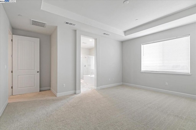 unfurnished room featuring a tray ceiling and light carpet