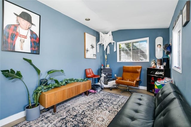 living area featuring hardwood / wood-style flooring and lofted ceiling