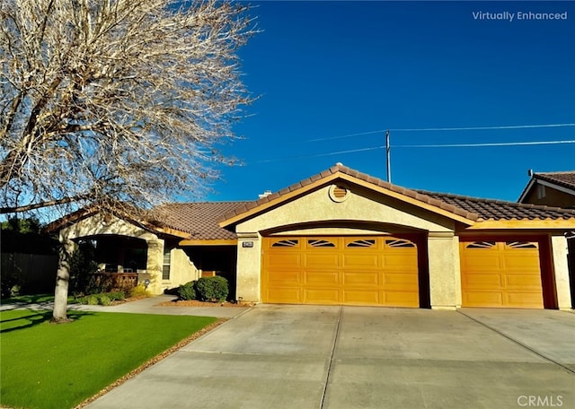 ranch-style home with a garage and a front yard