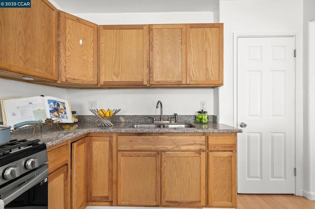 kitchen featuring stainless steel gas stove, sink, and light hardwood / wood-style flooring