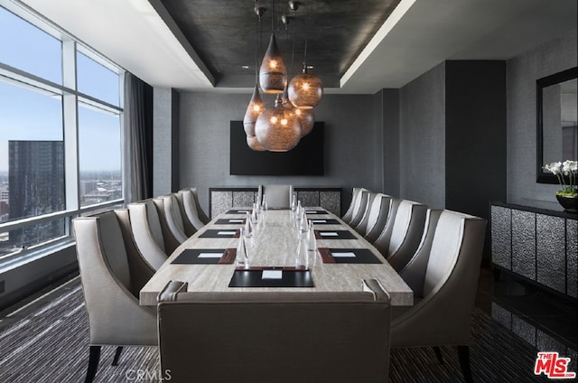 dining space featuring a raised ceiling