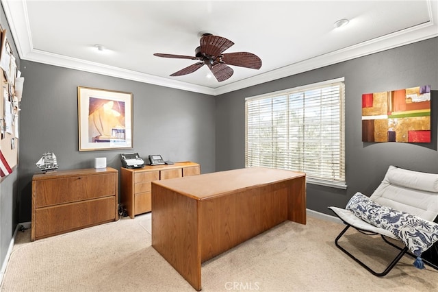 office featuring crown molding, ceiling fan, and light carpet