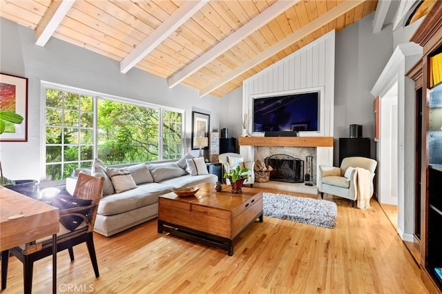 living area with high vaulted ceiling, light wood finished floors, a fireplace, wooden ceiling, and beam ceiling