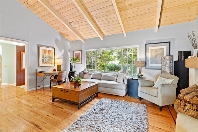 living room featuring wood ceiling, baseboards, vaulted ceiling with beams, and light wood-style flooring