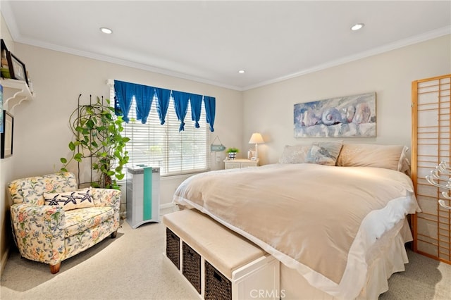bedroom with recessed lighting, ornamental molding, and light carpet