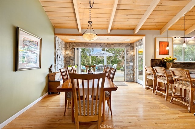 dining space featuring wooden ceiling, a healthy amount of sunlight, beam ceiling, and light wood-style floors