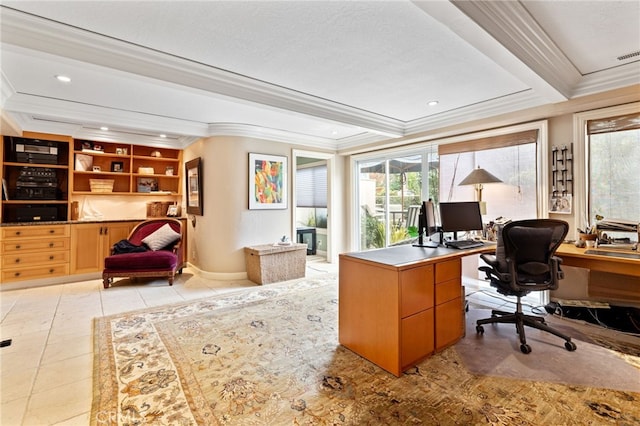 tiled office featuring ornamental molding and beamed ceiling