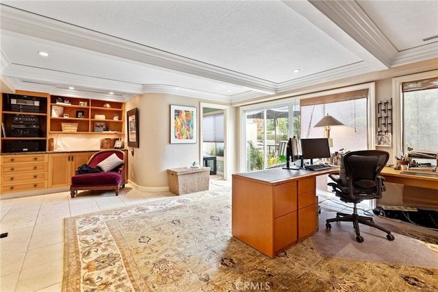 office with baseboards, recessed lighting, ornamental molding, and a healthy amount of sunlight