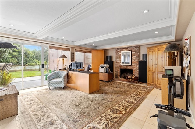 tiled office featuring ornamental molding, a fireplace, and beam ceiling