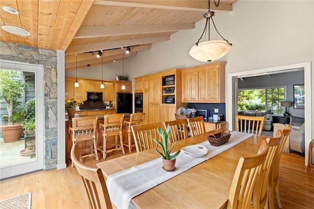 dining area featuring wood ceiling, beam ceiling, high vaulted ceiling, and light wood-type flooring