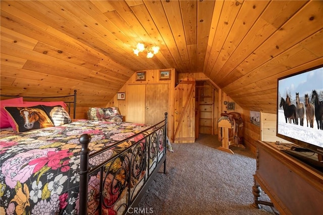 carpeted bedroom with lofted ceiling, wood ceiling, and wooden walls