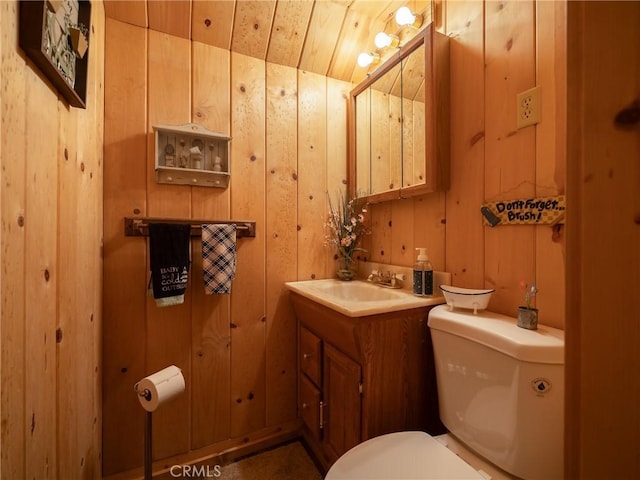 bathroom with wooden walls, vanity, and toilet