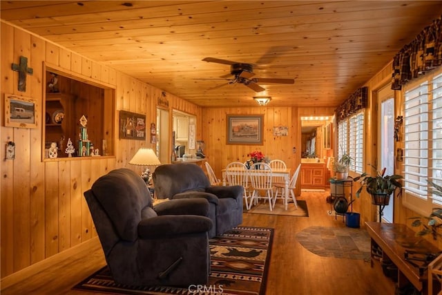 living room with ceiling fan, wood-type flooring, wooden walls, and wooden ceiling