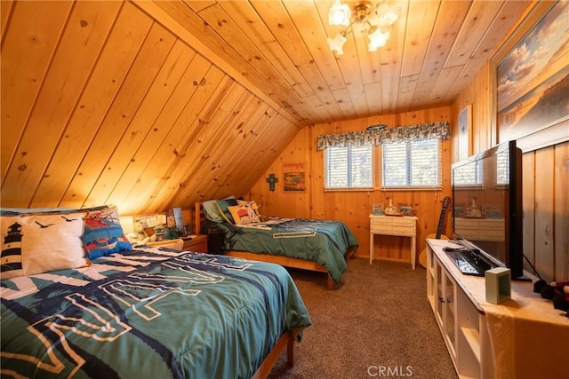 carpeted bedroom featuring wood ceiling, wooden walls, and vaulted ceiling