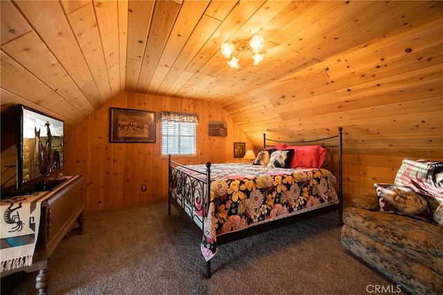 bedroom featuring dark colored carpet, lofted ceiling, wood ceiling, and wood walls