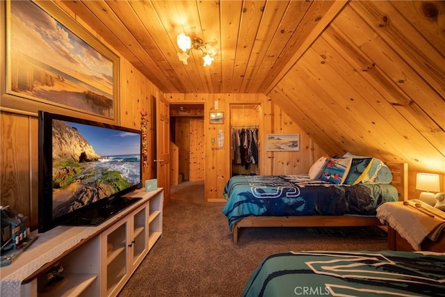 carpeted bedroom featuring wooden ceiling and wood walls