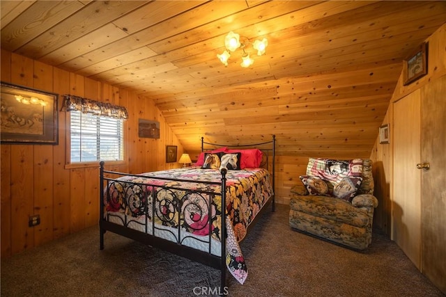 carpeted bedroom with lofted ceiling, wood ceiling, and wooden walls