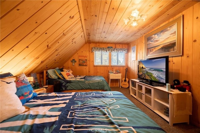 bedroom with lofted ceiling, wooden walls, dark carpet, and wooden ceiling