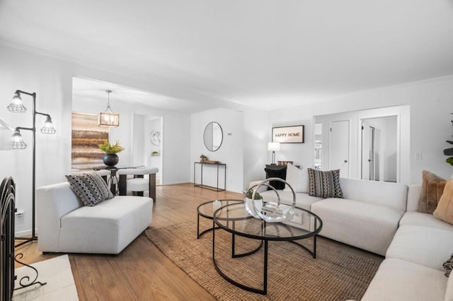 living room with hardwood / wood-style flooring and ornamental molding