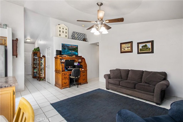 tiled living room featuring ceiling fan