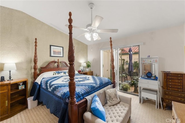 bedroom featuring lofted ceiling, access to outside, light colored carpet, and ceiling fan