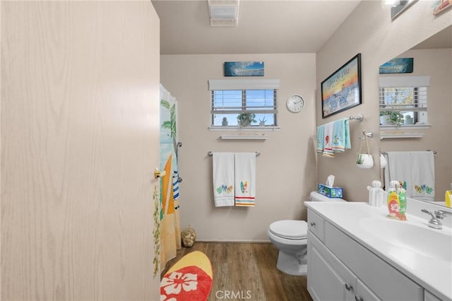 bathroom with vanity, wood-type flooring, and toilet