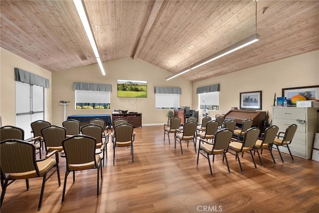 dining room with lofted ceiling with beams, wood-type flooring, and wood ceiling