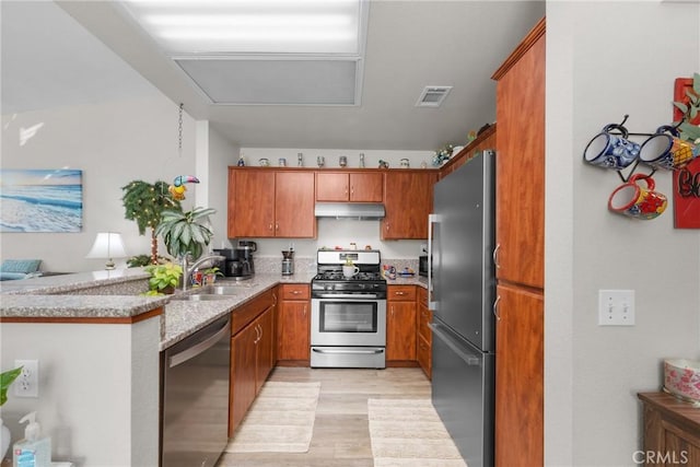 kitchen with light stone counters, appliances with stainless steel finishes, sink, and light wood-type flooring