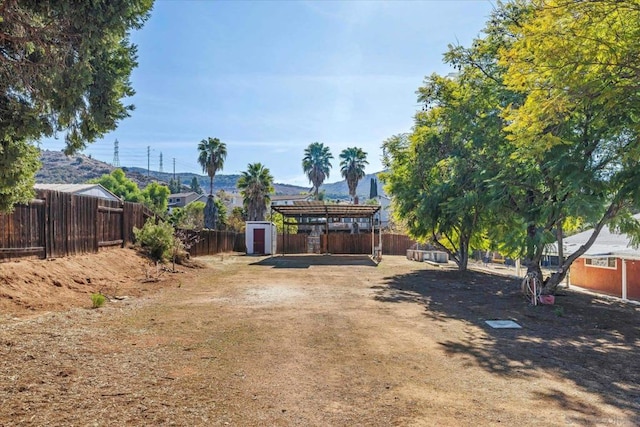 view of yard featuring a mountain view and a storage unit