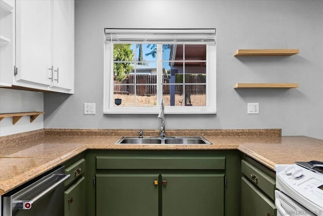 kitchen with sink, white cabinets, white range, stainless steel dishwasher, and green cabinetry