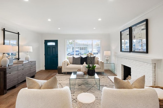 living room with ornamental molding, a fireplace, and light hardwood / wood-style floors