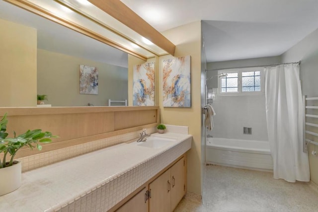 bathroom featuring vanity and shower / bath combo with shower curtain