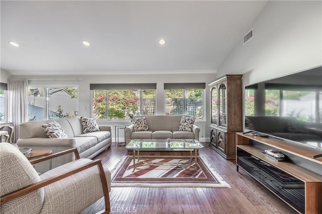 living room featuring hardwood / wood-style flooring and high vaulted ceiling