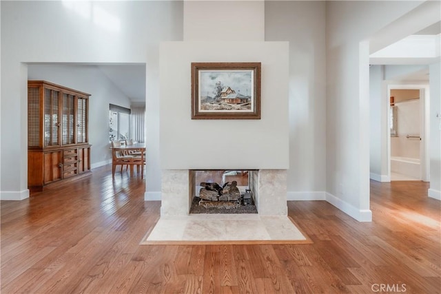 unfurnished living room with a multi sided fireplace and light wood-type flooring