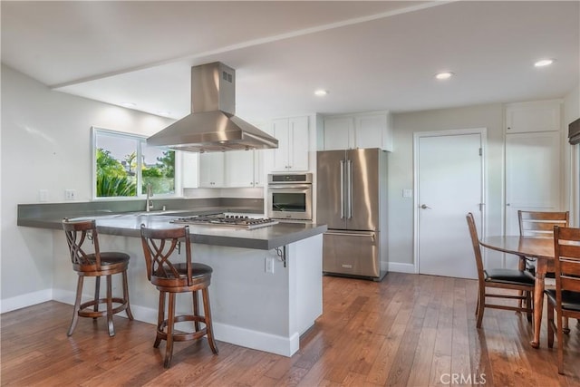 kitchen featuring island range hood, white cabinets, a kitchen breakfast bar, kitchen peninsula, and stainless steel appliances