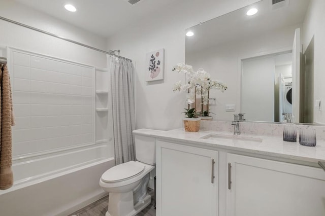 full bathroom featuring stacked washer / drying machine, toilet, wood-type flooring, vanity, and shower / bathtub combination with curtain