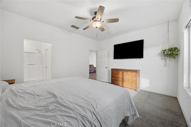 bedroom with ceiling fan and carpet flooring