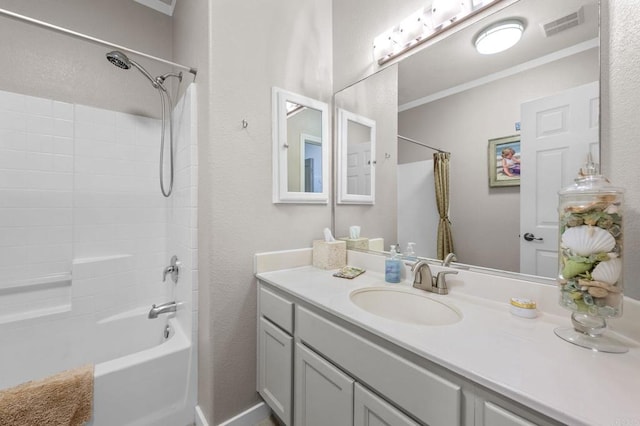 bathroom with vanity, shower / tub combo, and crown molding