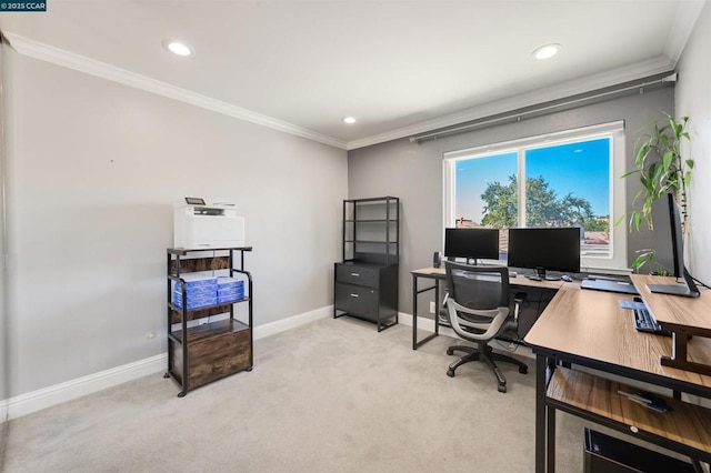 carpeted office space featuring crown molding